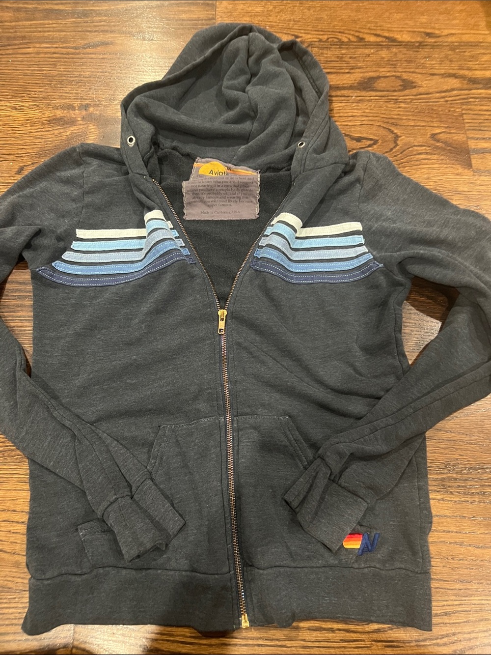 Aviator Nation Dark Charcoal Zip Hoodie with Blue Stripe Wings